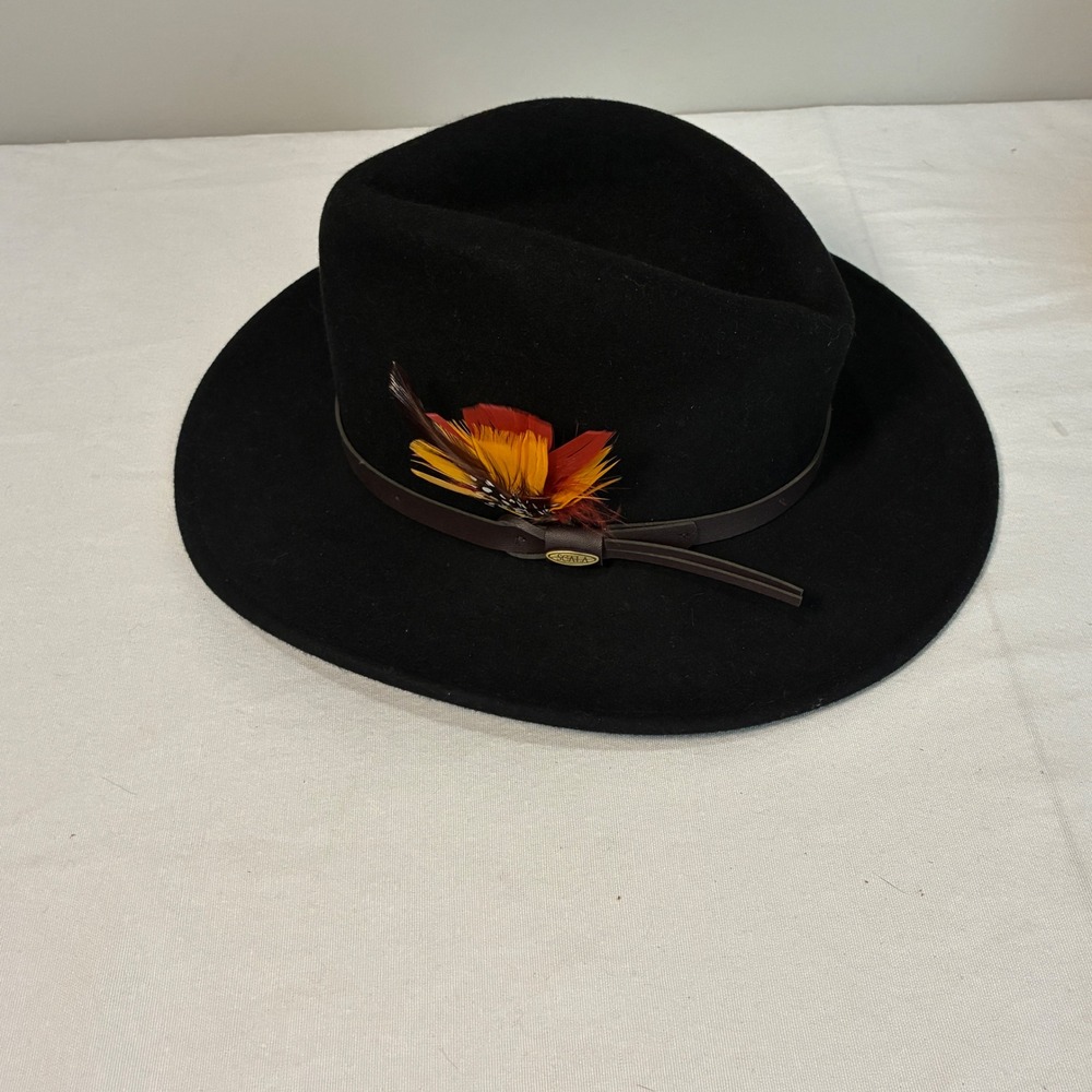 Scala Outback Fedora Hat Unisex Small Black Wool Felt Crushable Water‎ Repellent